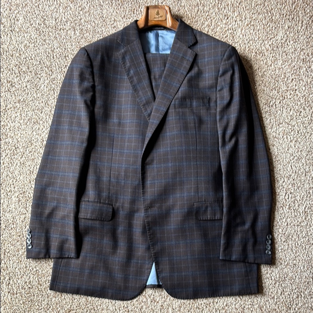 *Luxury* J. Hilburn Brown Blue Plaid 2 Btn Lightweight Flannel Wool Suit 46